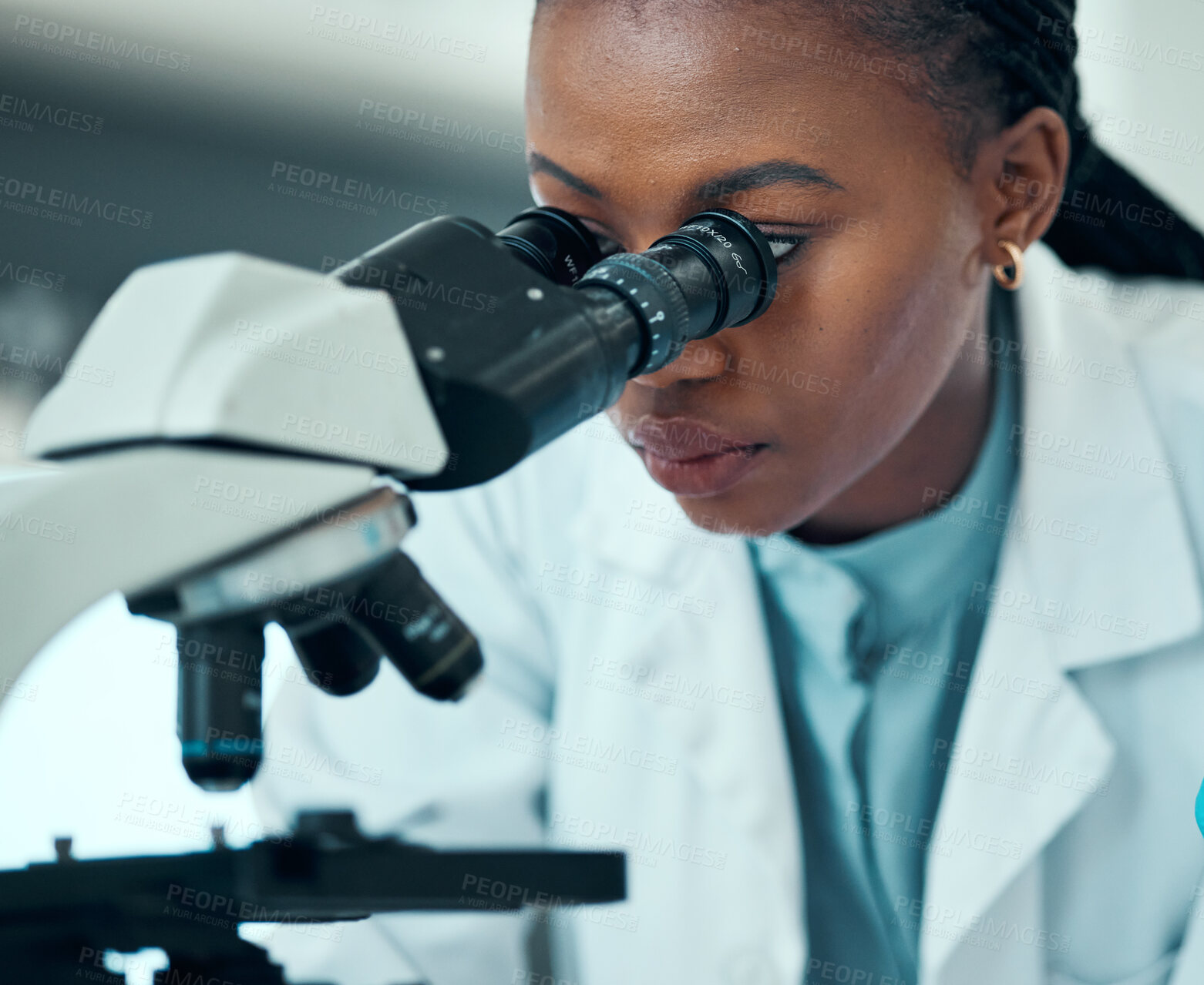 Buy stock photo Scientist, woman and microscope in laboratory research, blood test and dna or virus analysis for medical study. Professional science or african person in biotechnology and lens check for particles