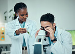 Scientist, teamwork and microscope, plant research and natural study, medicine and growth check in laboratory. Medical students or science people with test tube for green analysis and collaboration
