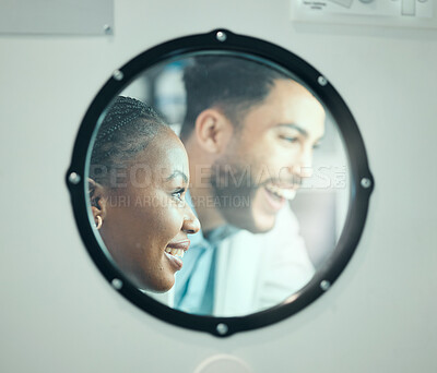 Buy stock photo Mirror frame, smile and people in a lab for healthcare innovation, research and teamwork. Happy, collaboration and diversity with scientists in a glass for partnership in pharmaceutical science