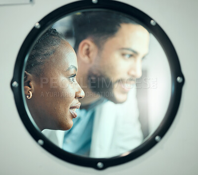 Buy stock photo Incubator, research and people in a lab for healthcare innovation, working and teamwork. Happy, collaboration and diversity with scientists in a glass for partnership in pharmaceutical science