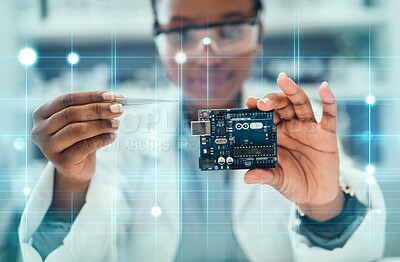 Buy stock photo Overlay, engineering and hardware with black woman in laboratory for research, monitor and programming. Technology, data and microchip with person for electrician, maintenance and electrical system