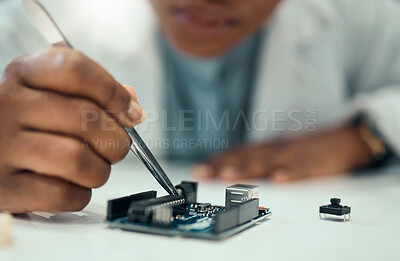 Buy stock photo Hands, engineering and cpu with person in laboratory for research, monitor and programming. Technology, data and microchip with closeup of electrician for hardware maintenance and electrical system