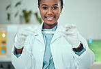 Medical, pcr and cotton with portrait of black woman for vaccine research, science and dna test. Pharmacy, medicine and healthcare with doctor and swab for virus, pathology exam and diagnosis