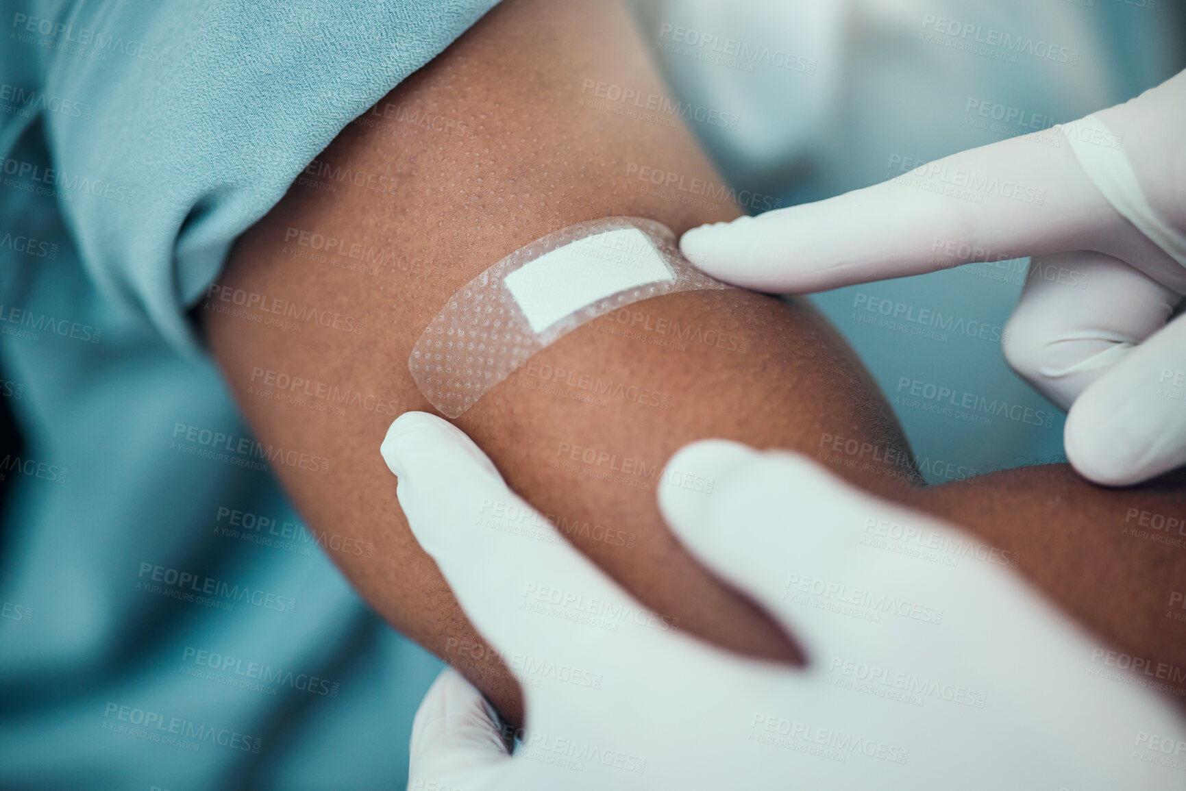 Buy stock photo Plaster, vaccine and hands of nurse with patient with bandage for flu shot, injection and immunity. Healthcare, hospital and closeup of arm of person for medicine, vaccination and virus protection