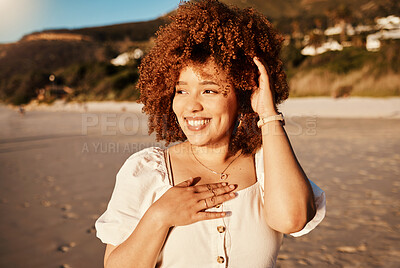 Buy stock photo Beach, smile and face of woman on holiday, tropical island at sunset and freedom to relax. Nature, blue sky and happy girl on ocean vacation, adventure and outdoor summer travel at sea in Hawaii.