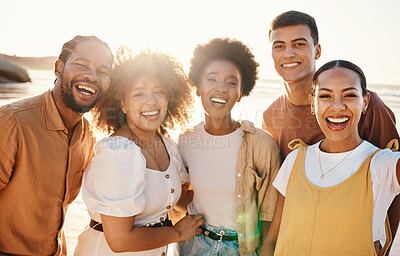 Buy stock photo Smile, selfie and travel with friends at beach for support, social media and diversity. Happy, relax and profile picture with portrait of people in nature for community, peace and summer vacation 