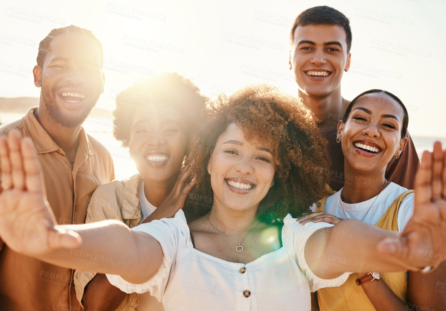 Buy stock photo Happy, selfie and portrait with friends at beach for support, social media and diversity. Smile, relax and profile picture with group of people in nature for community, peace and summer vacation 