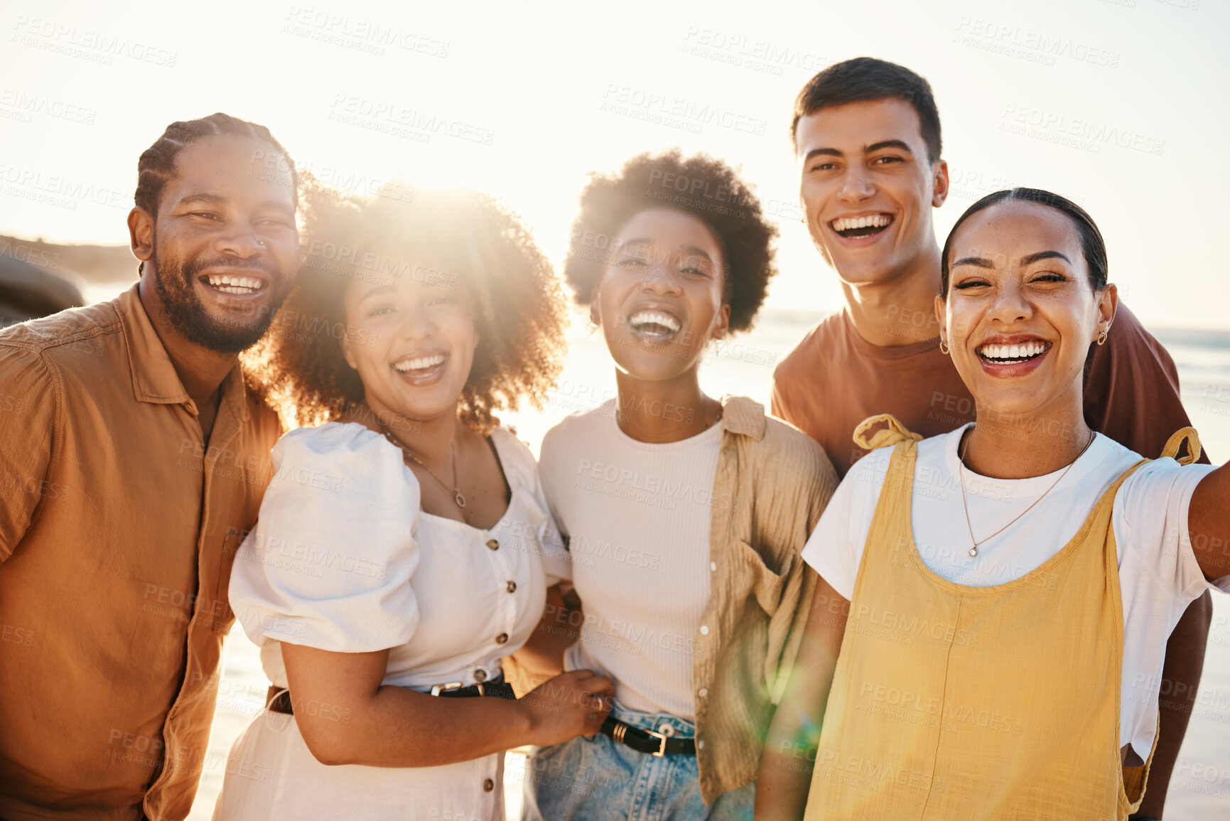 Buy stock photo Selfie, beach and friends with vacation, smile and post with adventure, tropical island and travel. Portrait, people and group with profile picture, seaside holiday and lens flare with social media