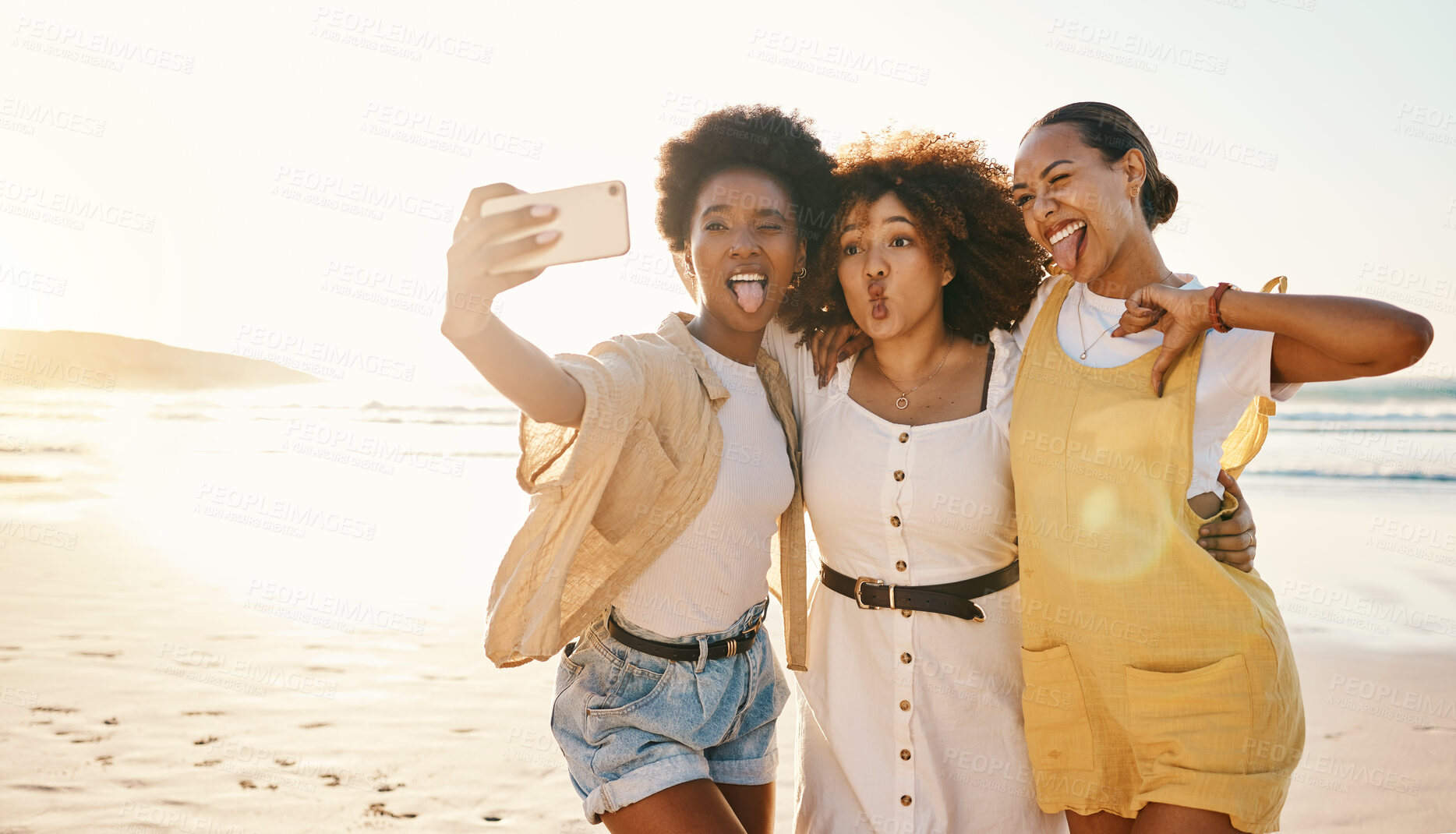 Buy stock photo Funny, selfie and women with friends at beach for support, social media and diversity. Smile, relax and profile picture with group of people in nature for community, peace and summer vacation 