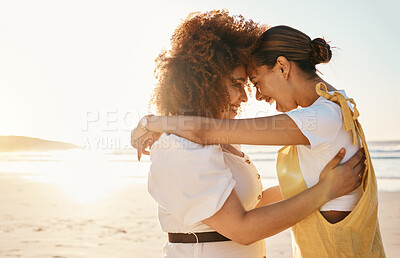 Buy stock photo Love, mockup and an lgbt couple on the beach together for romance or relationship bonding on a date. Sunset, nature and a gay woman with her lesbian girlfriend by the sea or ocean for their honeymoon