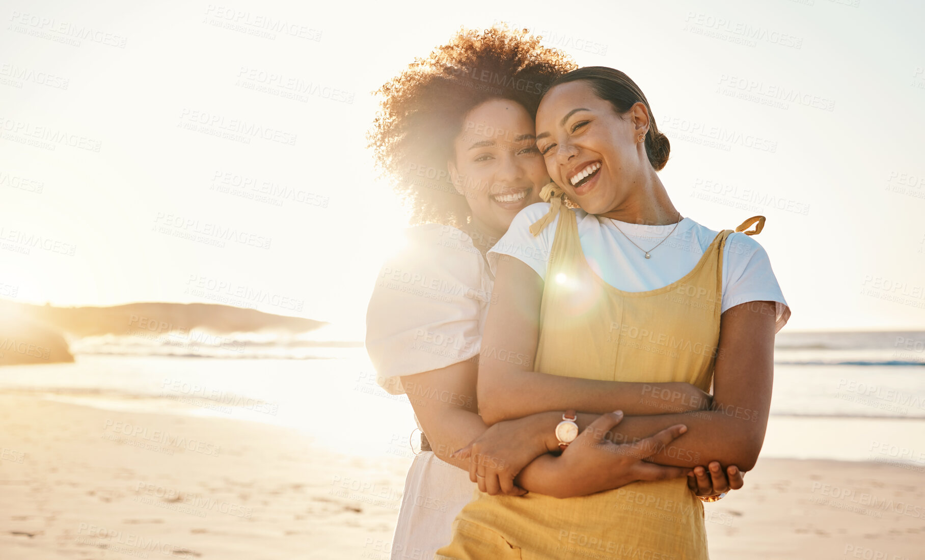 Buy stock photo Portrait, hug and lgbt couple on the beach together for romance or relationship bonding on a date. Mockup, sunset and a gay woman with her lesbian girlfriend by the sea or ocean for their honeymoon