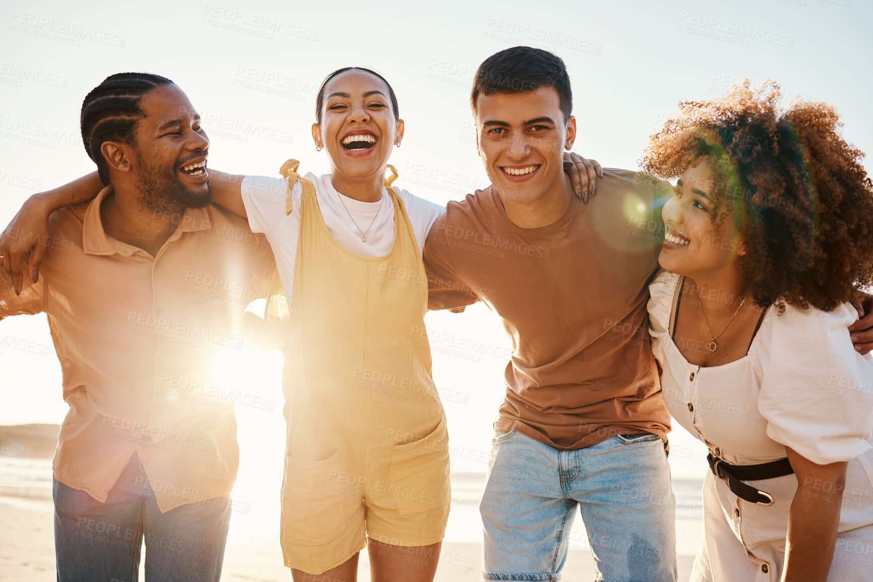 Buy stock photo Beach sunset, happy and group of friends hug, smile and enjoy travel vacation, summer freedom or tropical adventure. Solidarity, portrait and young people excited, bond and laugh on student getaway