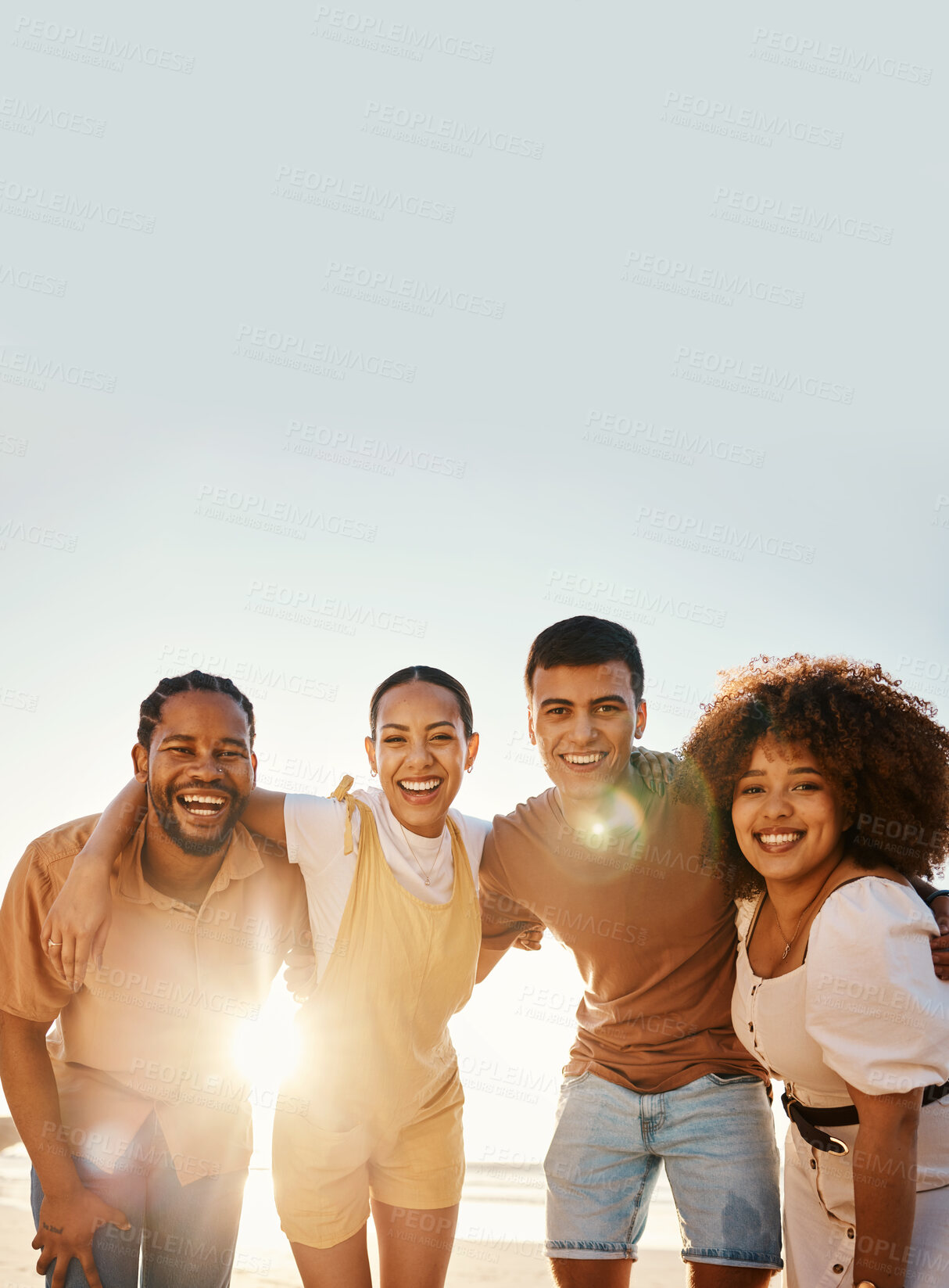 Buy stock photo Beach sunset, portrait and group of happy friends hug, smile and enjoy travel vacation, summer freedom or tropical adventure. Mockup space, blue sky and young people solidarity, embrace and relax