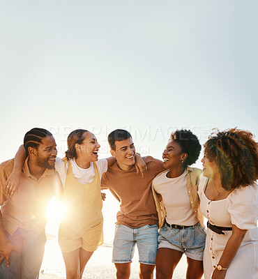 Buy stock photo Friends, summer and people happy at sunset beach for fun, banner space and travel with a smile. Diversity, men and women group in nature with a laugh, love and happiness on a vacation or holiday