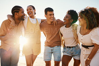 Buy stock photo Summer, funny and travel with friends at beach for freedom, support and sunset. Wellness, energy and happy with group of people laughing by the sea for peace, adventure and Hawaii vacation together