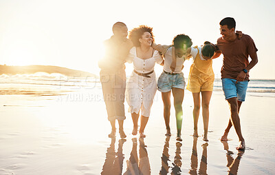 Buy stock photo Summer, sunset and travel with friends at beach for freedom, support and diversity. Wellness, energy and happy with group of people walking by the sea for fun, adventure and vacation mockup