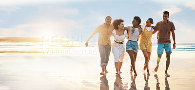 Buy stock photo Relax, happy and travel with friends at beach for freedom, support and sunset. Wellness, energy and summer banner with group of people walking by the sea for peace, adventure and vacation mockup