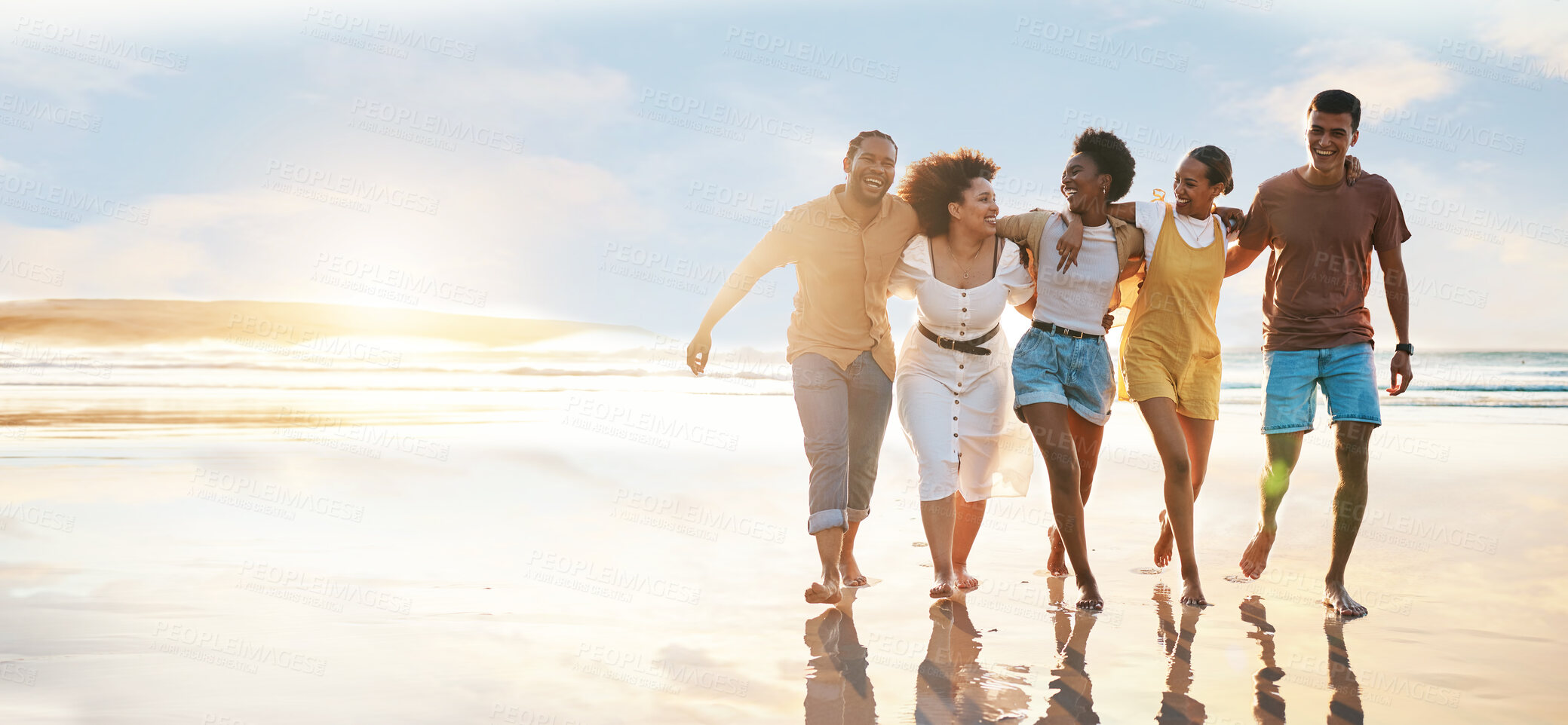 Buy stock photo Relax, happy and travel with friends at beach for freedom, support and sunset. Wellness, energy and summer banner with group of people walking by the sea for peace, adventure and vacation mockup