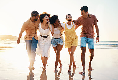 Buy stock photo Summer, happy and travel with friends at beach for freedom, support and sunset. Wellness, energy and relax with group of people walking by the sea for peace, adventure and Hawaii vacation together