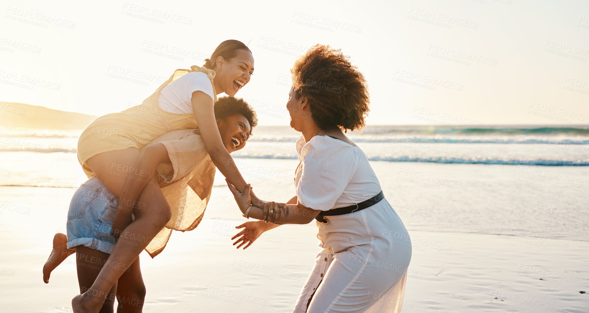 Buy stock photo Beach sunset, happy women and friends piggyback, smile and enjoy travel vacation, adventure and summer fun. Excited girl, freedom and gen z students for holiday, bonding or spring break in Miami, USA