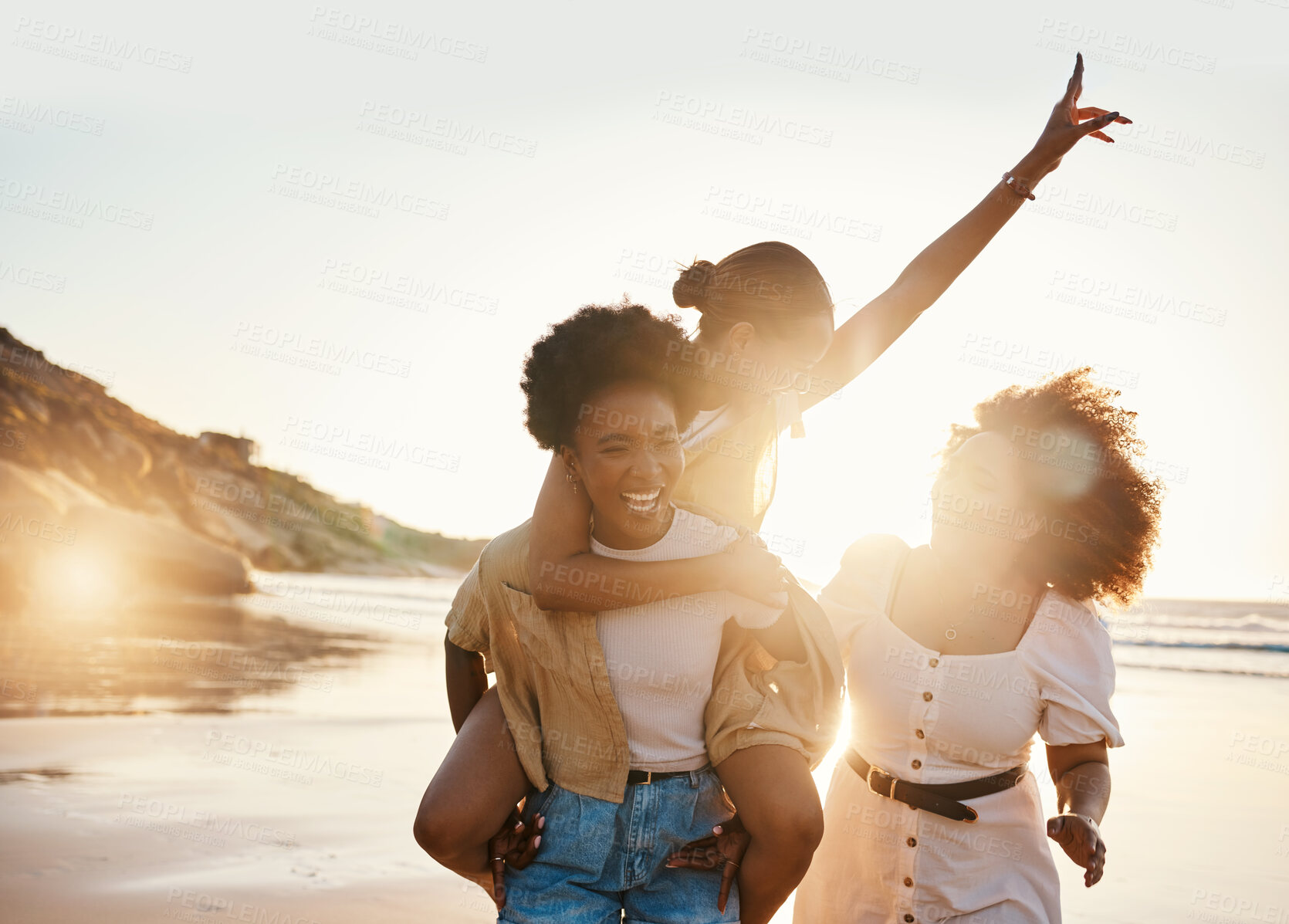 Buy stock photo Beach sunset, laughing women or friends piggyback ride, happiness and fun travel holiday, adventure and summer trip. Nature, freedom or young students smile for sunshine, world tour or social reunion