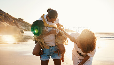 Buy stock photo Beach, sunset and friends piggyback, fun ride and reunion on social holiday, outdoor adventure and summer wellness. Sunshine flare, freedom and young women bonding on nature walk, trip or journey