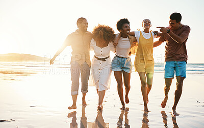 Buy stock photo Summer, vacation and travel with friends at beach for freedom, support and sunset. Wellness, energy and happy with group of people walking by the sea for peace, adventure and  Hawaii holiday mockup