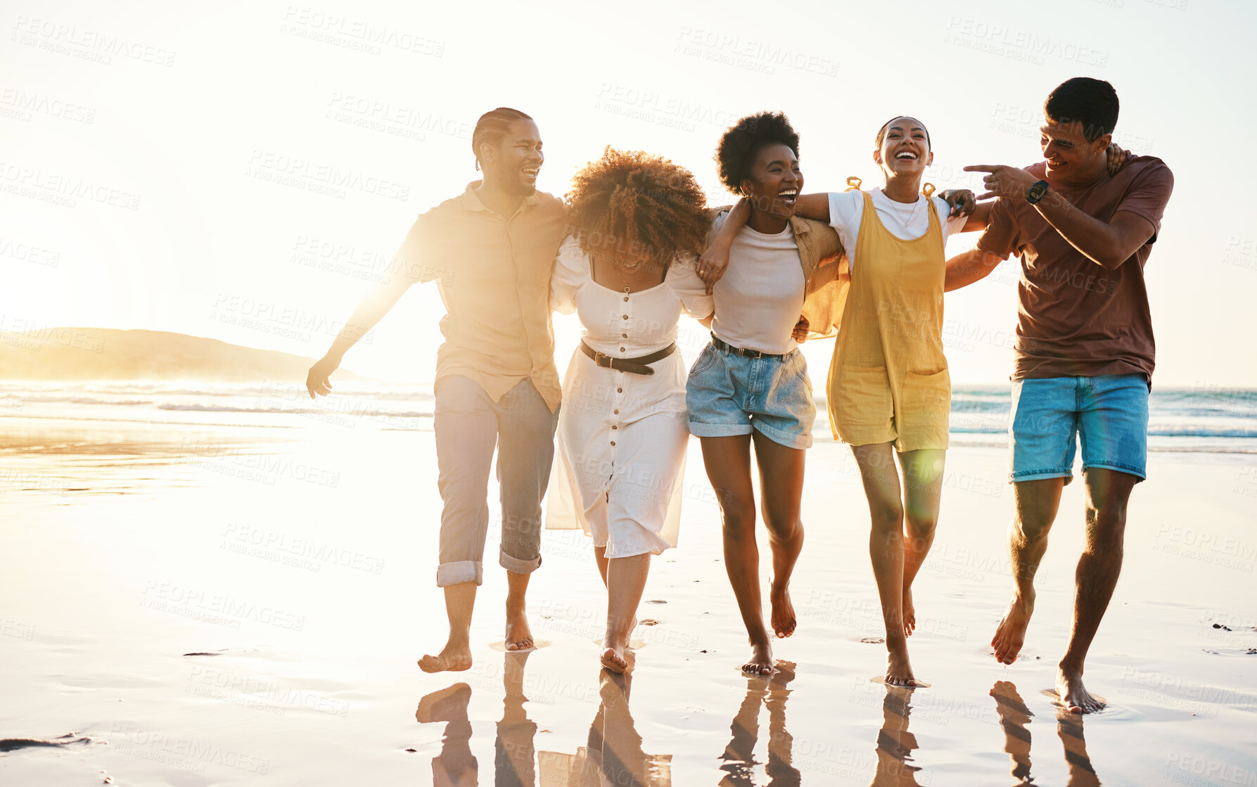 Buy stock photo Summer, vacation and travel with friends at beach for freedom, support and sunset. Wellness, energy and happy with group of people walking by the sea for peace, adventure and  Hawaii holiday mockup