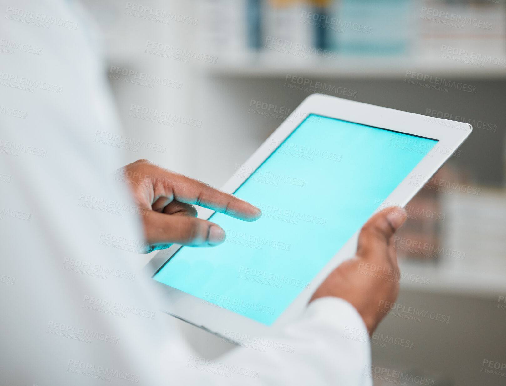 Buy stock photo Green screen, pharmacist or hands of man with tablet mockup space for inventory inspection or stock check. Closeup, medical website or healthcare worker typing on technology app display in pharmacy