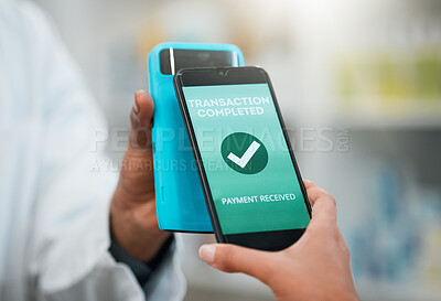 Buy stock photo Customer, phone and shopping with contactless pay at a shop with transaction for service with success. Future, technology and hand of a person with a smartphone and machine for payment at a pharmacy