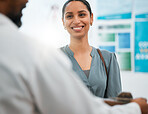 Pharmacy, customer and woman with smile for medicine, medication and prescription in clinic. Healthcare, pharmacist and happy person at counter in drugstore for pills, tablets and medical service