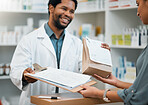 Happy pharmacist, paper bag and patient with clipboard for signature, prescription or consultation at pharmacy. Black man, medical or healthcare professional giving medication to sick customer