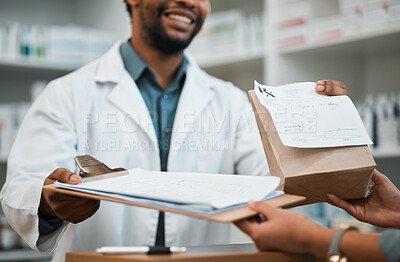 Buy stock photo Pharmacist hands, checklist and medicine package for customer service, healthcare or retail drugs in consultation. Medical worker or doctor in pharmacy giving documents, pills and insurance questions