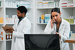 Phone call, pharmacy and woman on computer for telehealth, prescription and medication website. Healthcare, medical care and happy pharmacist speaking for medicine, consultation and wellness service