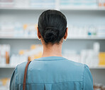 Back, woman and patient in pharmacy, drugs and health with prescription and customer with pill choice. Healthcare, medicine and pharmaceutical medication with shopping, treatment and medical service