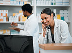 Pharmacist, woman and telephone for medicine stock, customer support and inventory communication or retail service. Medical worker or doctor on phone call and computer for pharmacy or healthcare FAQ