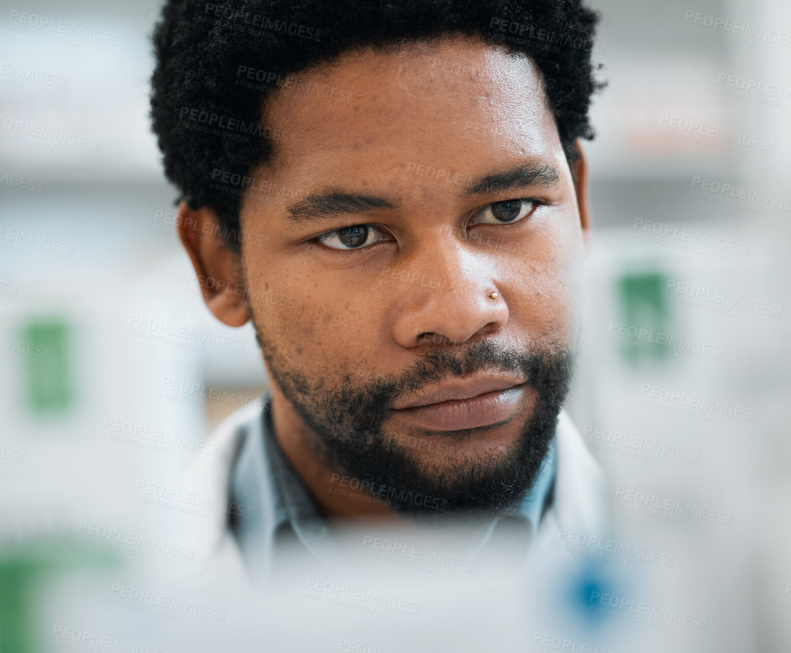 Buy stock photo Black man, face and pharmacist, drugs and health with medicine, prescription and organize stock in pharmacy. Pills, healthcare and African medical employee, hospital dispensary and pharmaceutical