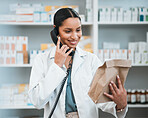 Phone call, pharmacy and woman with package for medicine, prescription and medication collection. Healthcare, medical care and happy pharmacist speaking for telehealth, consultation and order service