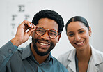 Black man, woman and glasses, eye care in portrait and optometry with health, vision and happiness. Prescription lens, frame choice and healthcare, eyewear and optometrist with wellness and medical