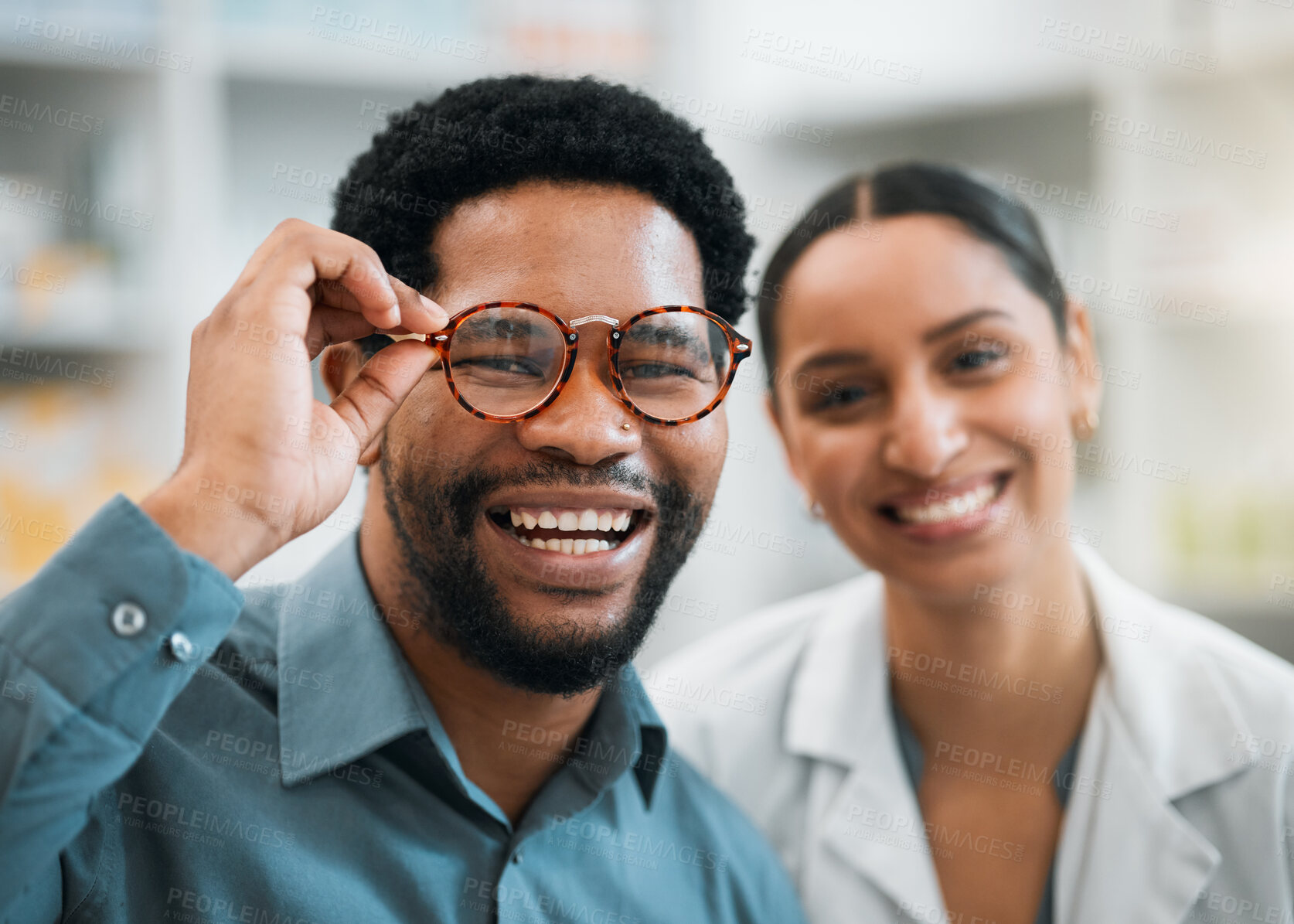 Buy stock photo Black man, woman and glasses, vision and eye care, portrait and optometry with health and happiness. Prescription lens, frame choice and healthcare, eyewear and optometrist with wellness and medical