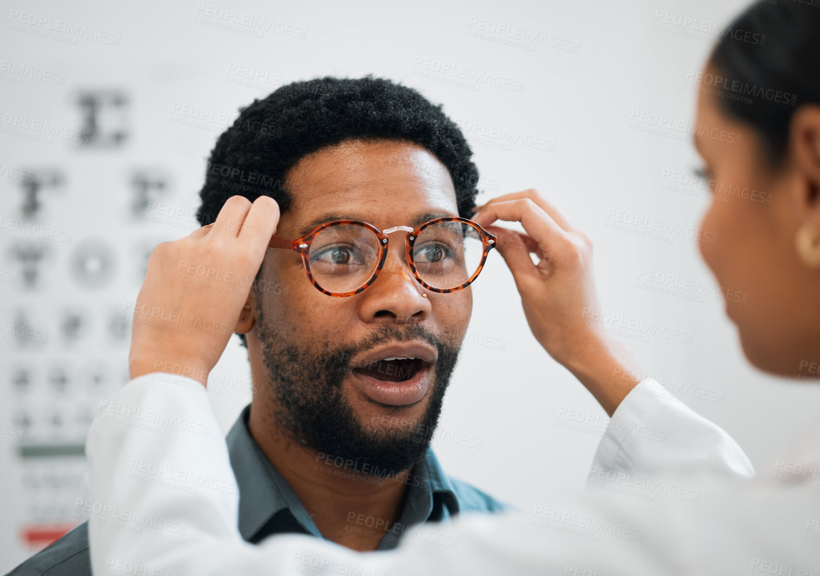 Buy stock photo Consulting, wow and optometry with black man and glasses for medical, shopping and help. Healthcare, ophthalmology and eye care with patient and doctor for surprise, advice and lens prescription