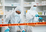 Biohazard, chemical and cleaning with people in a pharmacy for decontamination after a medical accident. Hazmat, spray or disinfect with healthcare personnel in a drugstore to sanitize and isolate