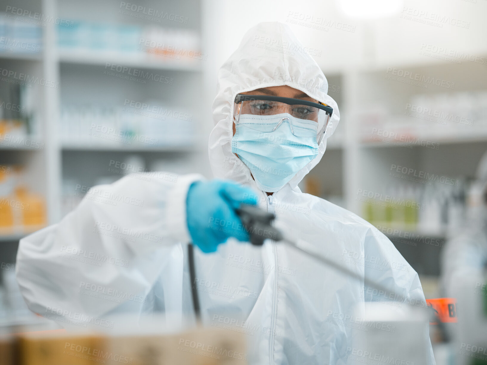 Buy stock photo PPE, disinfection and health, person in pharmacy with mask and hygiene, cleaning and safety from bacteria and virus. Covid, compliance and healthcare, drugstore and sanitize, cleaner and chemicals 