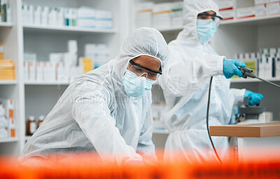 Buy stock photo Pharmacy, emergency disinfection and people spray chemical for protection, cleaning hospital or contamination risk. Safety policy, toxic bacteria outbreak or healthcare team sanitize medical facility