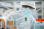 Lab portrait, PPE and face of person for safety security, cleaning hospital clinic or contamination protection. Product shelf investigation, hazmat suit or healthcare worker for emergency danger risk