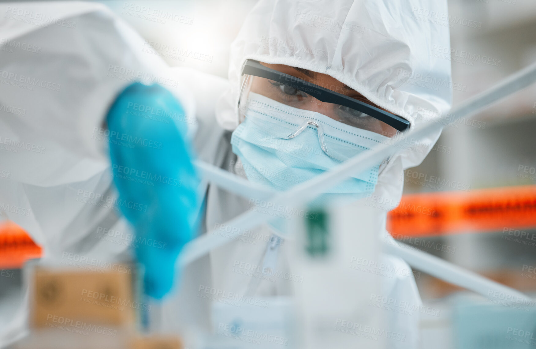 Buy stock photo Laboratory, product inspection or person check safety security of hospital clinic, contamination or medicine. Shelf investigation, PPE hazmat suit or healthcare worker analysis of medical danger risk
