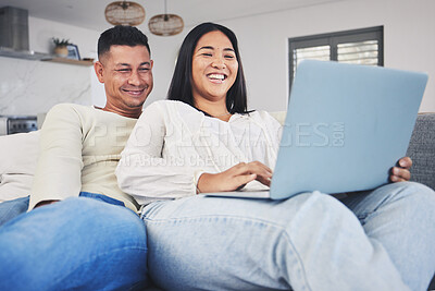 Buy stock photo Smile, laptop and couple networking on a sofa to relax in the living room of their modern house. Happy, love and young man and woman watching a funny video on the internet with a computer at home.