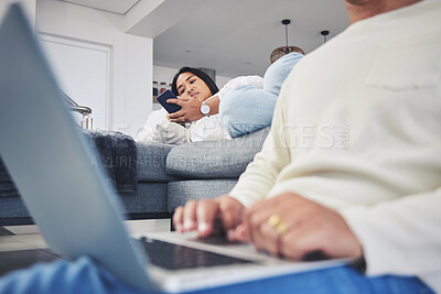 Buy stock photo Remote work, phone and a busy couple at home with internet for social media, streaming or chat. A woman on a sofa with a smartphone for network, communication and research in a lounge at a house