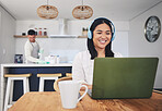 Remote work from home, smile and woman with a laptop, connection and typing with website information. Person, employee or freelancer with a pc, house and happiness with headphones, project or network