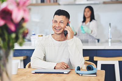 Buy stock photo Phone call, happy and man for remote work with laptop for communication, connection and contact. Working from home, small business and person on smartphone for conversation, talking and chatting